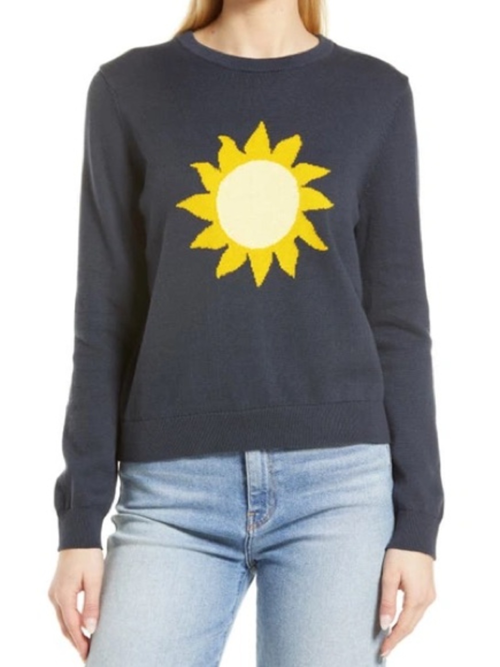 Marine Layer Sun Icon Cotton Knit Sweater Navy Blue Yellow Size XS